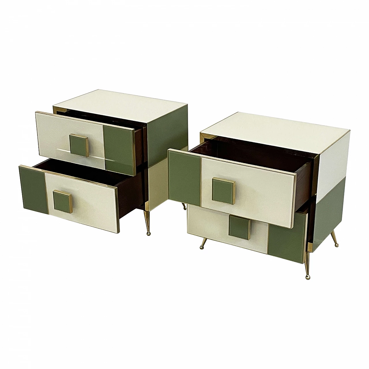 Pair of wood, brass and white and green glass bedside tables 6