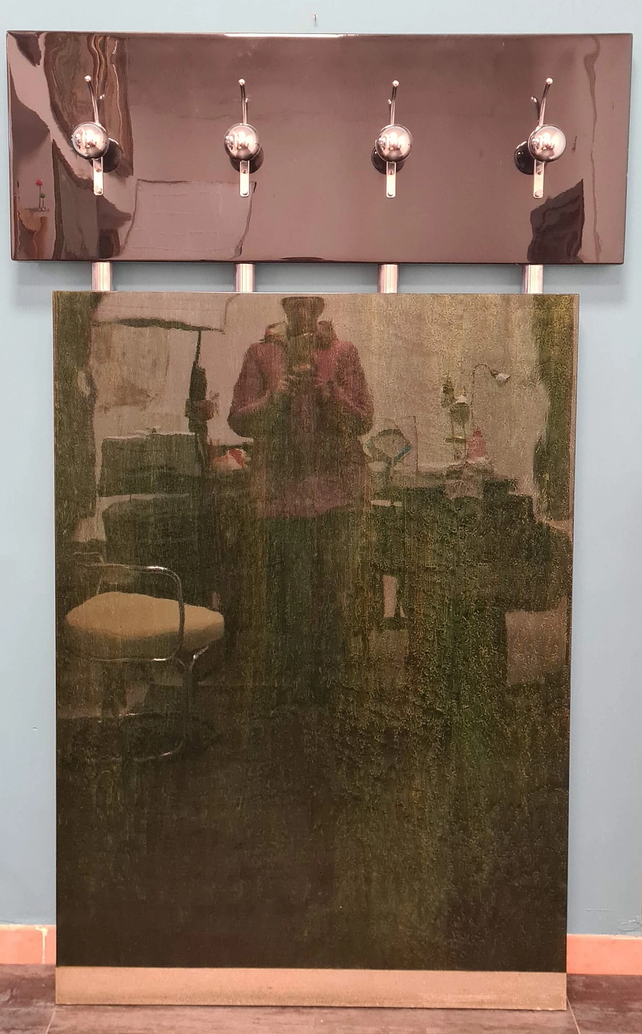 Wall-mounted coat rack in lacquered wood with chrome details, 1970s 1