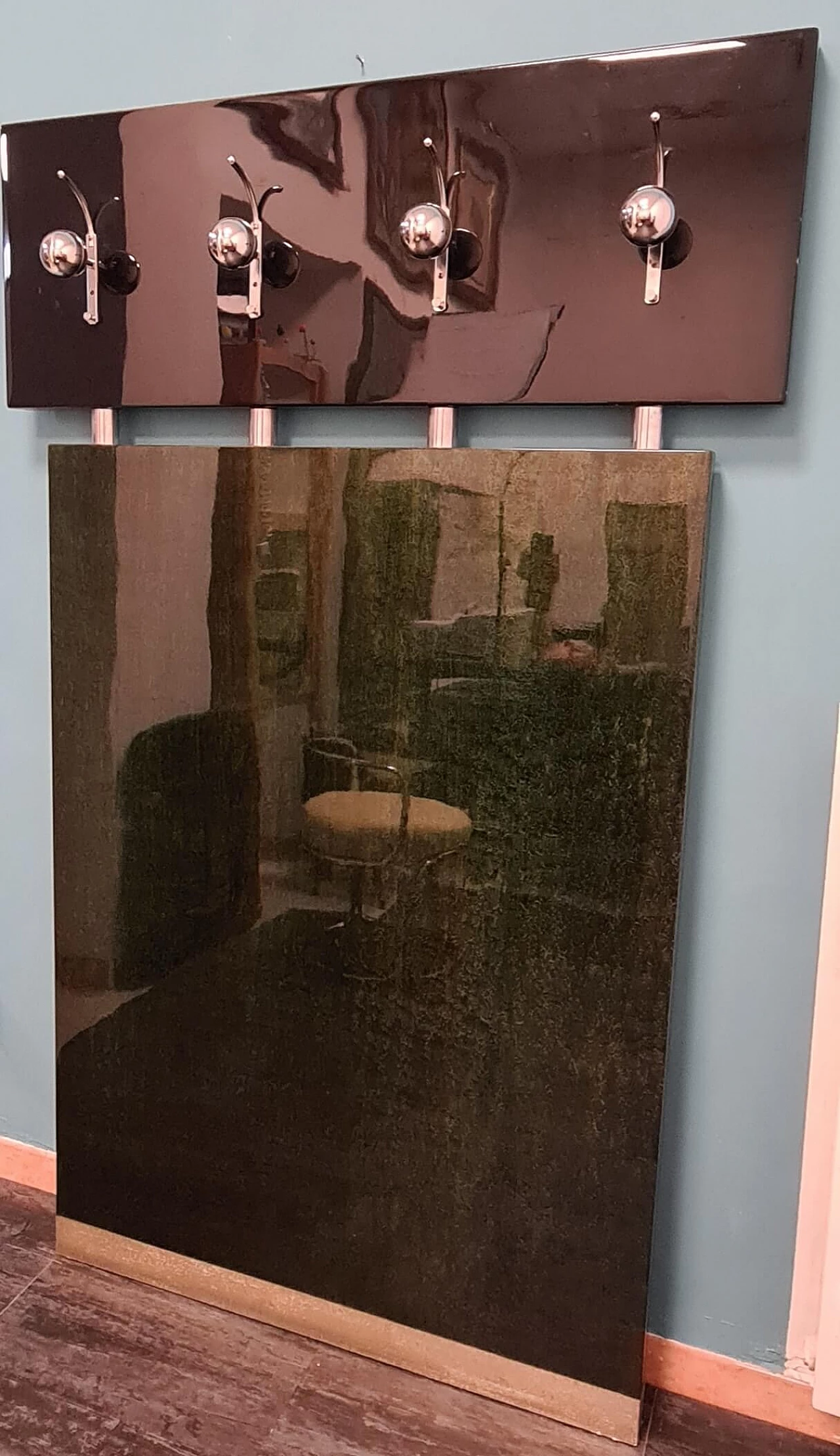 Wall-mounted coat rack in lacquered wood with chrome details, 1970s 2