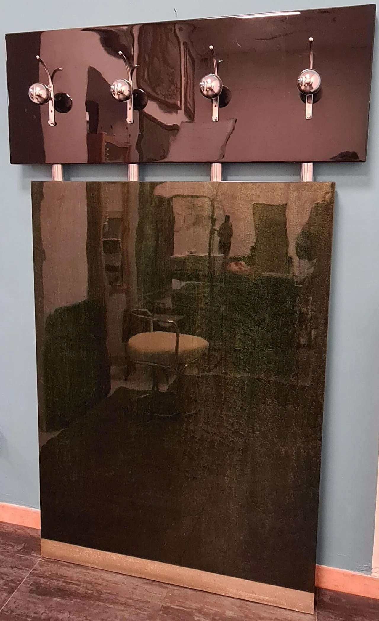 Wall-mounted coat rack in lacquered wood with chrome details, 1970s 3