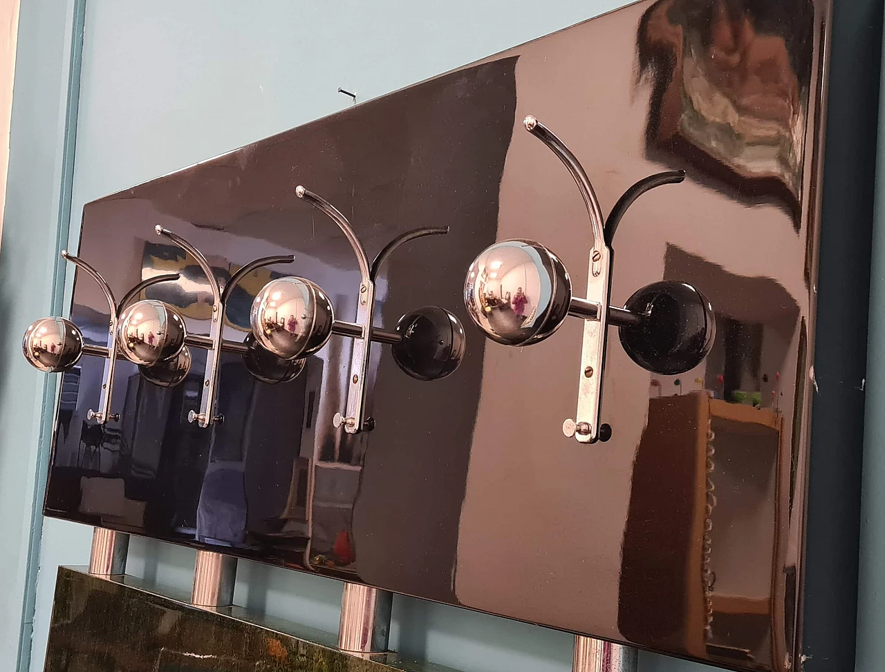 Wall-mounted coat rack in lacquered wood with chrome details, 1970s 4