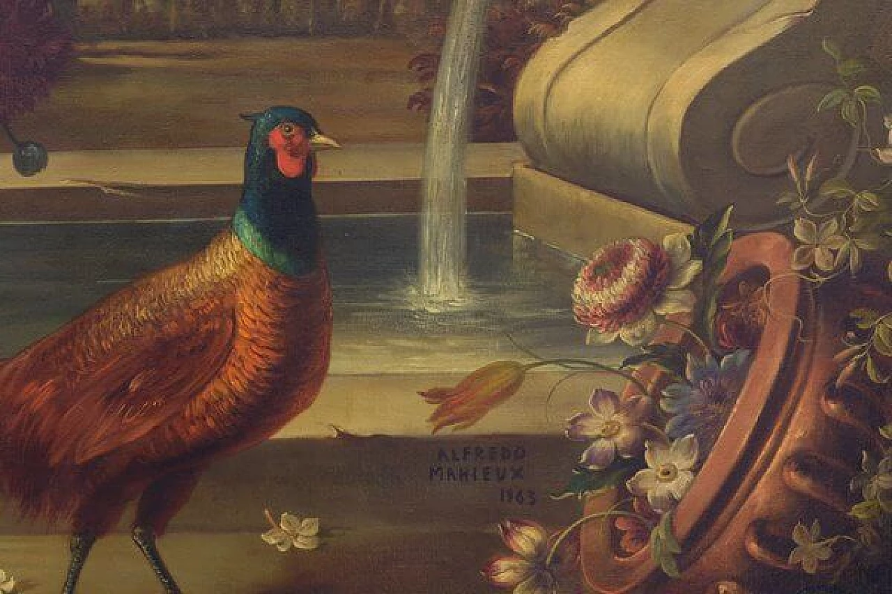 Alfredo Mahieux, Natura morta con fagiano, dipinto a olio su tela, anni '60 3