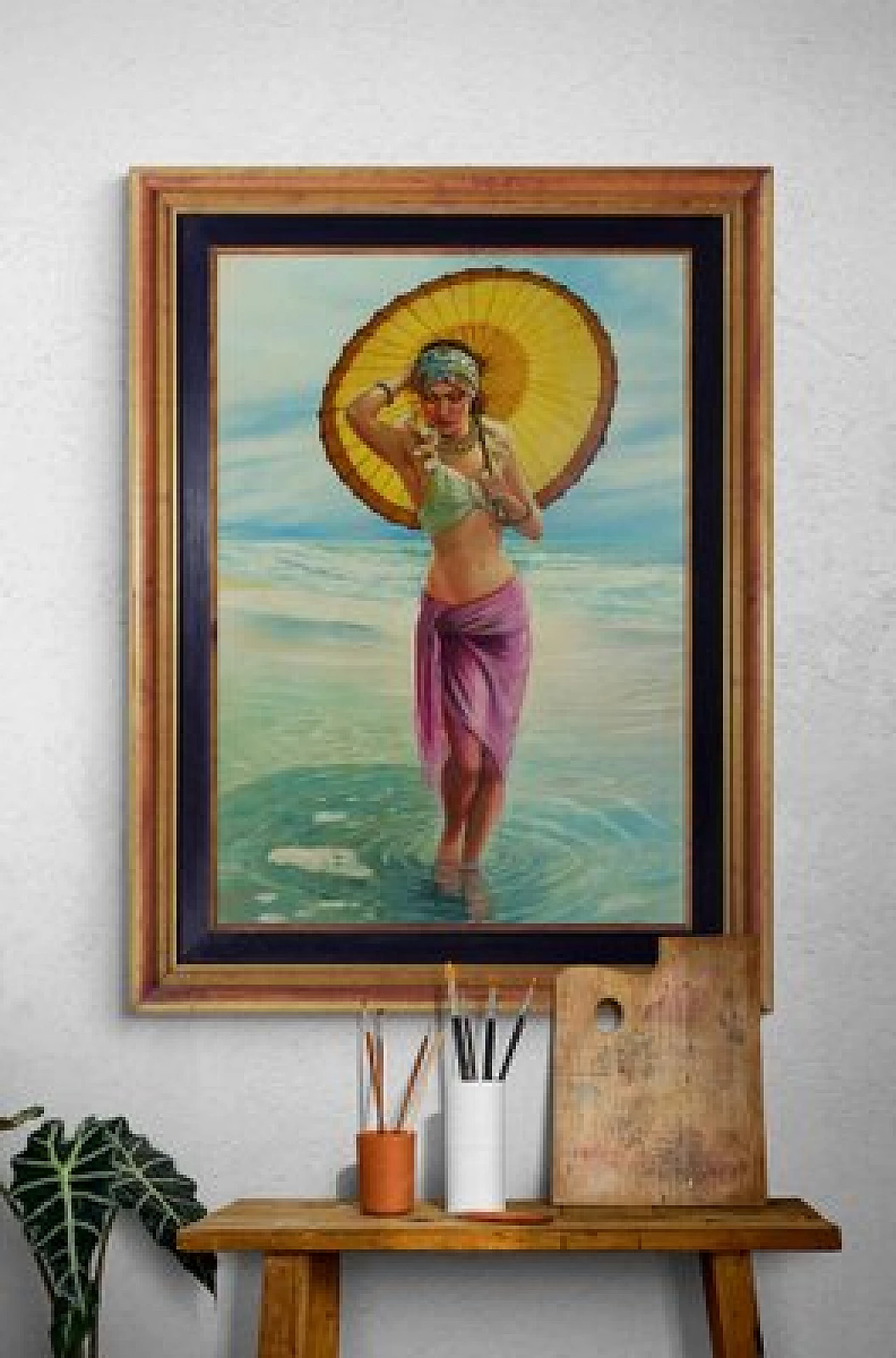 Donato Gorgero, The Yellow Umbrella, oil painting on canvas, 1980s 5