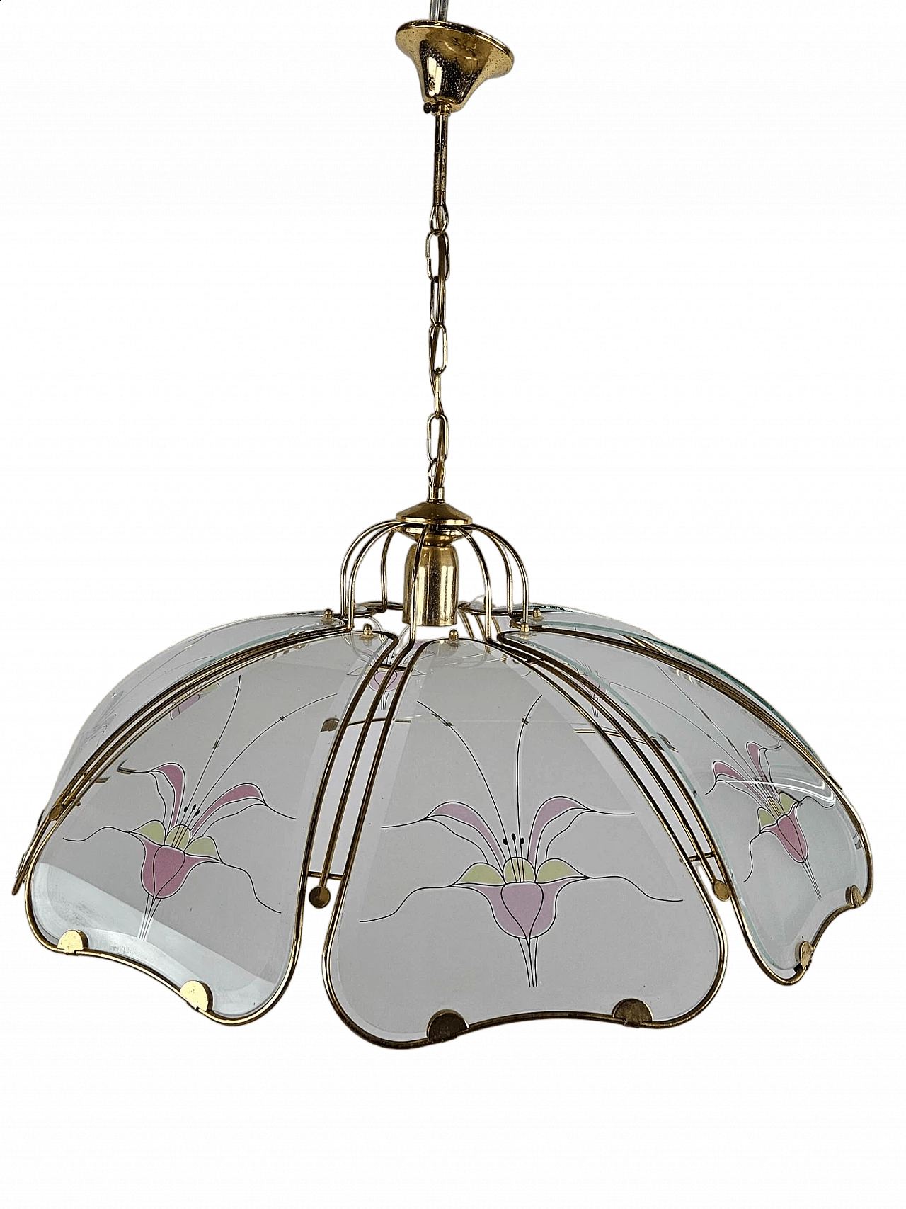 Brass and frosted glass chandelier with floral decorations in Art Nouveau style, 1970s 19