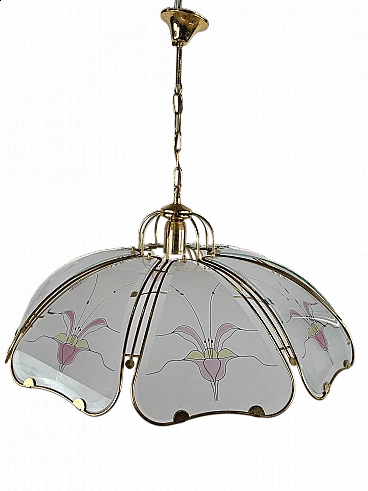 Brass and frosted glass chandelier with floral decorations in Art Nouveau style, 1970s