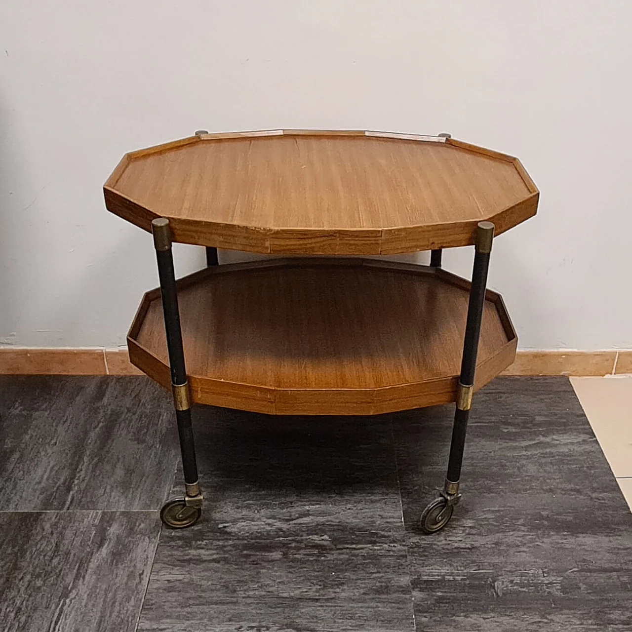 Teak and brass divisible bar cart, 1950s 1