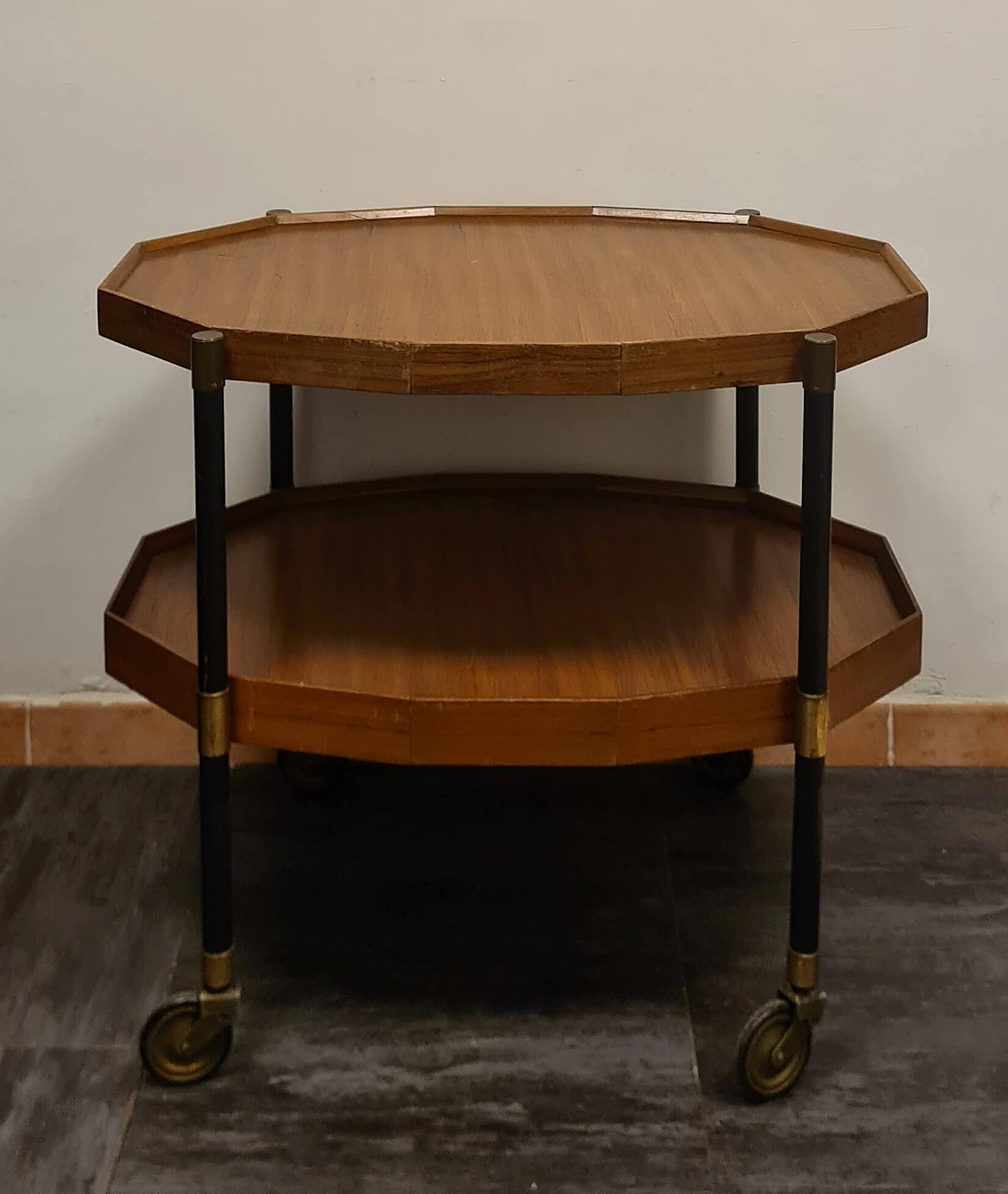 Carrello bar divisibile in teak e ottone, anni '50 2