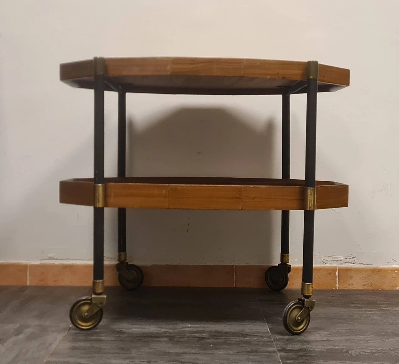 Teak and brass divisible bar cart, 1950s 3