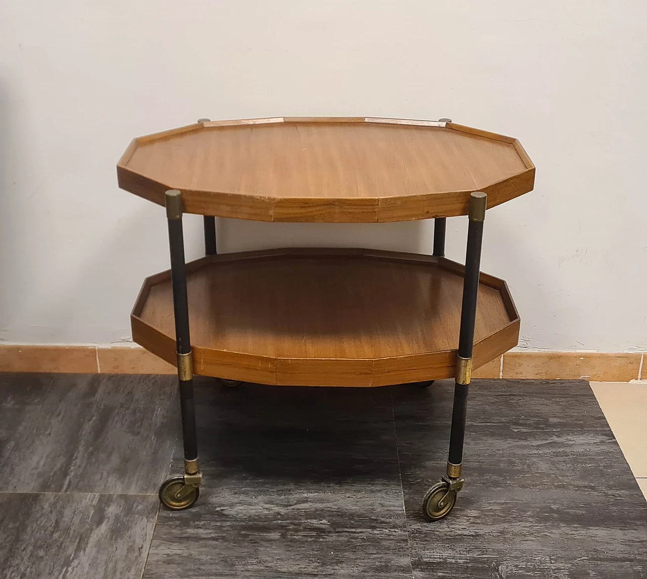 Teak and brass divisible bar cart, 1950s 4