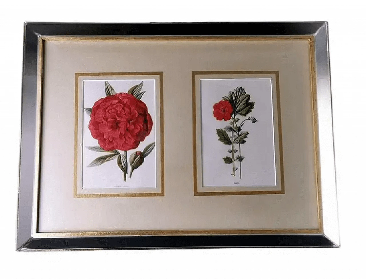 Cornice a specchio con stampe cromolitografiche inglesi con fiori, inizio '900 1