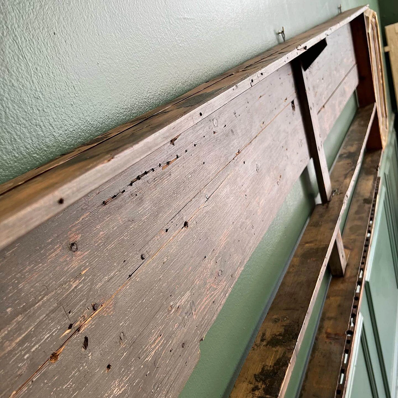 Industrial wall-mounted wooden bookcase, 1930s 4