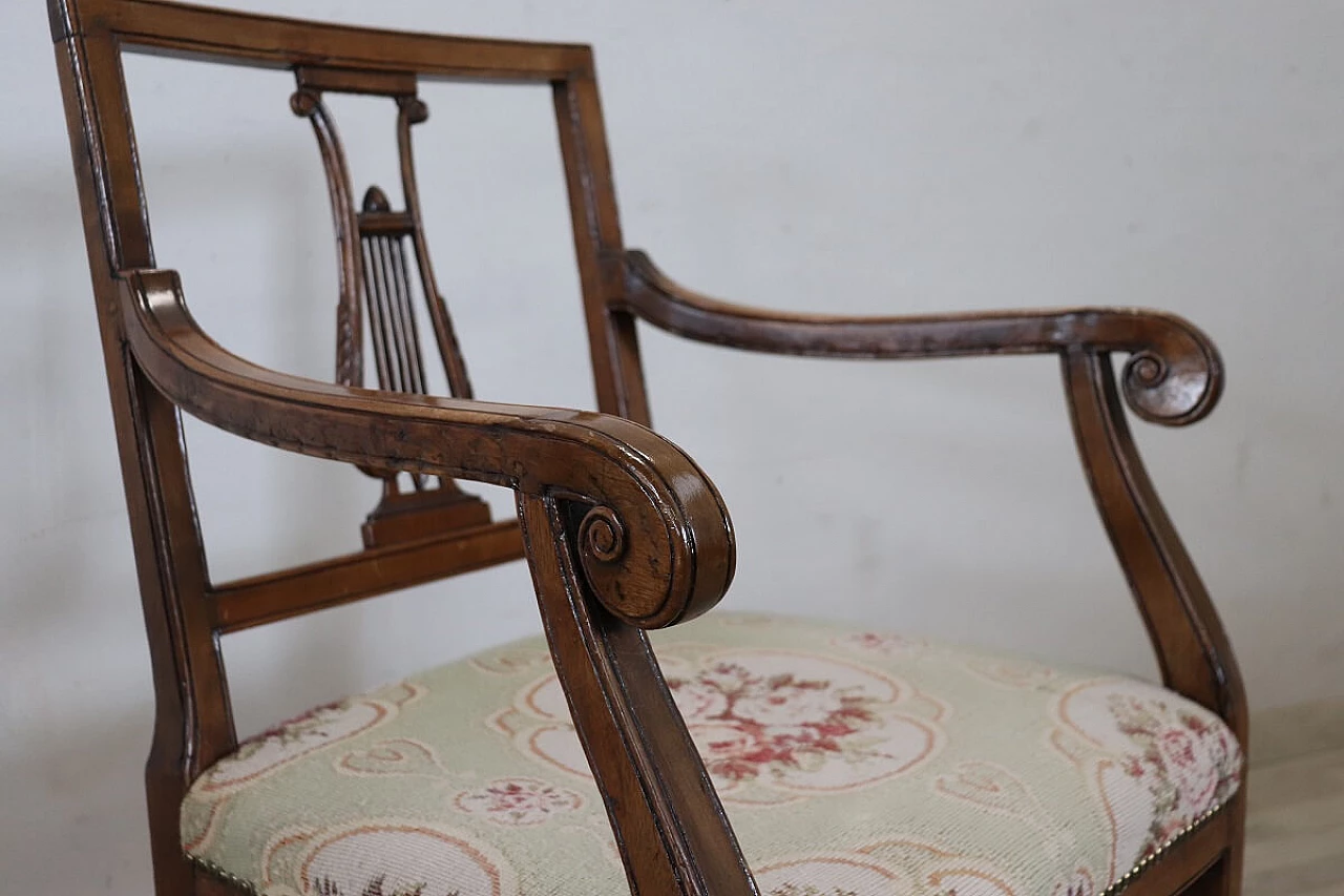 Louis XVI solid walnut armchair with carved lyre back, 18th century 3