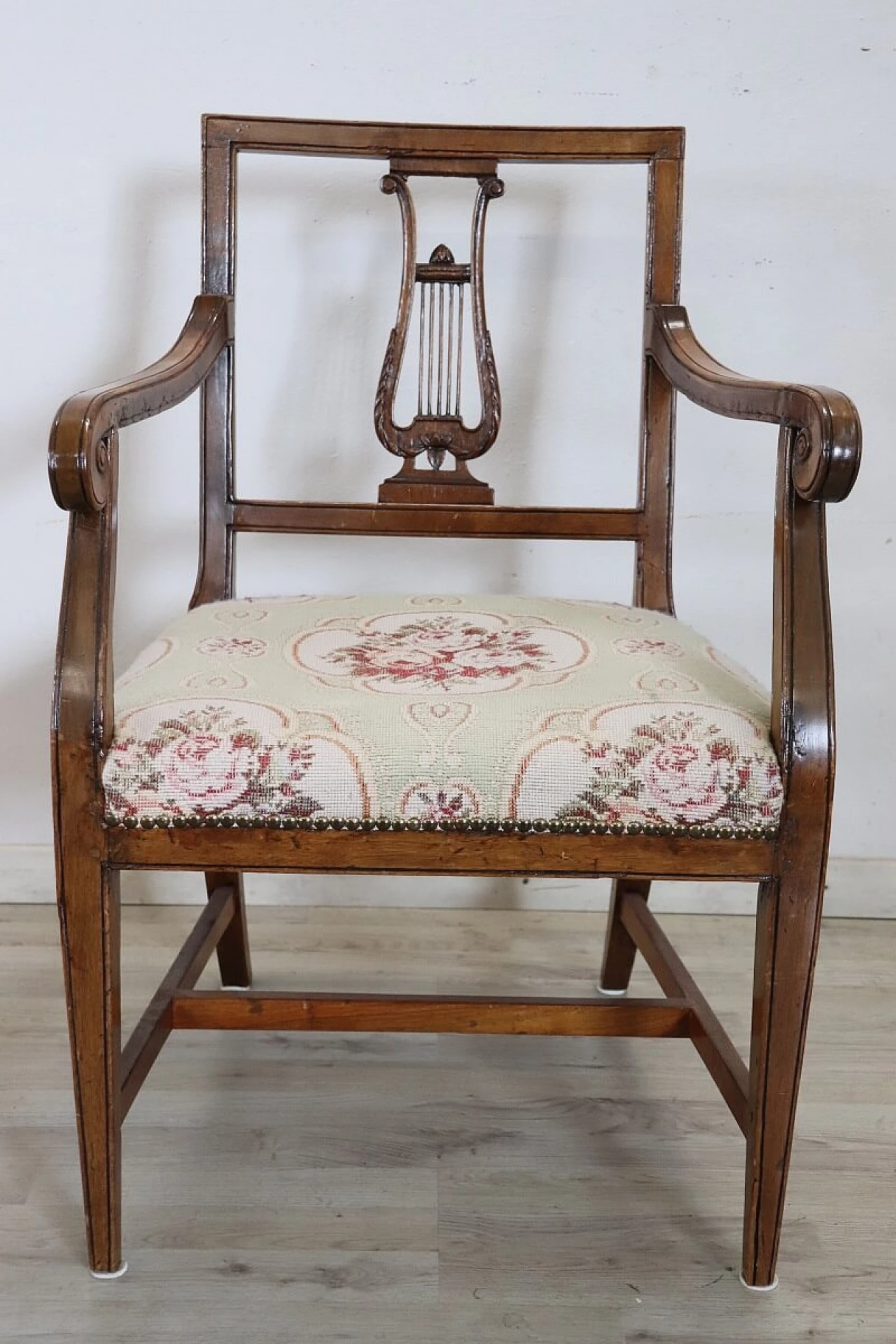 Louis XVI solid walnut armchair with carved lyre back, 18th century 4
