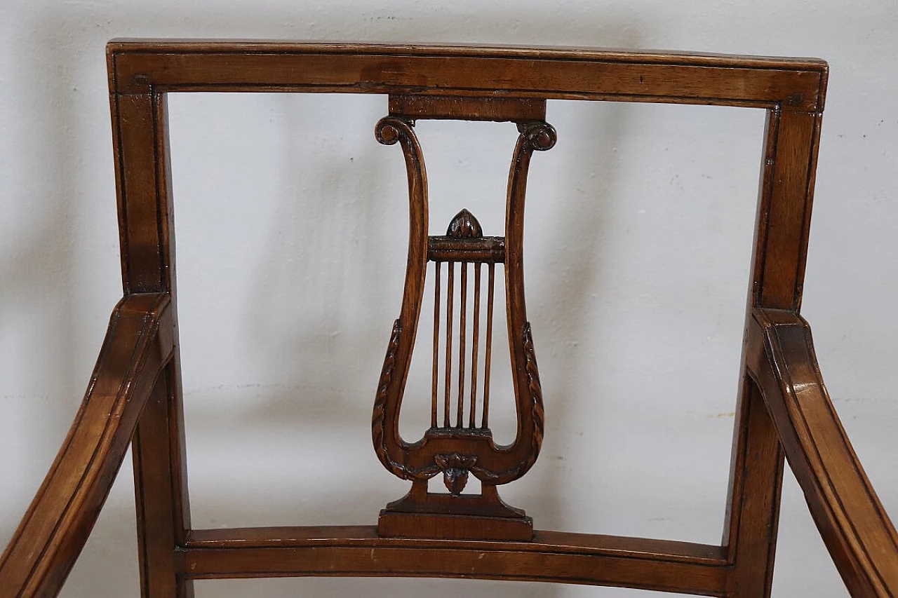Louis XVI solid walnut armchair with carved lyre back, 18th century 5