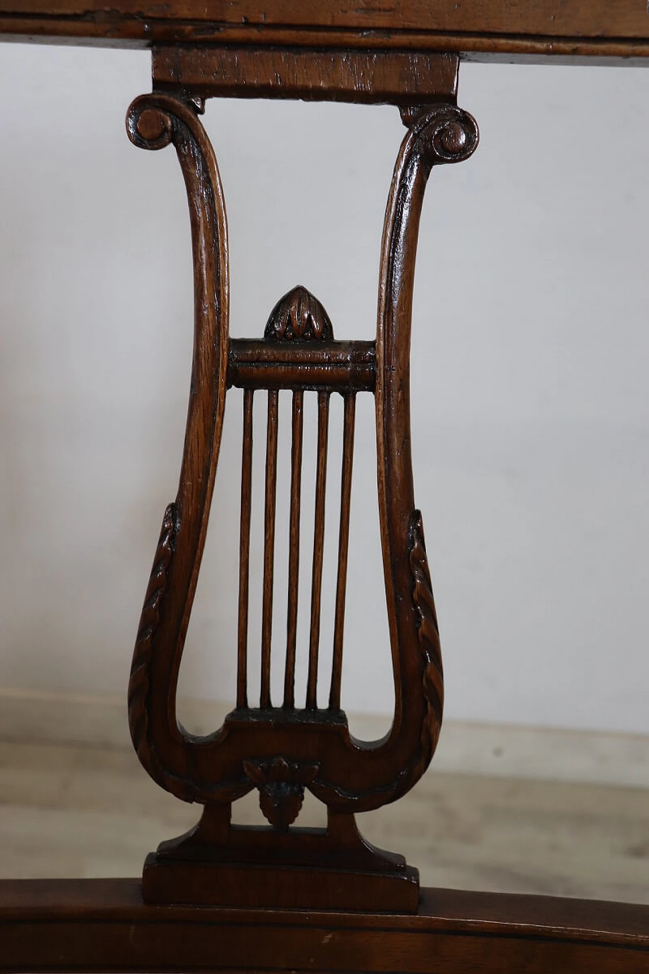 Louis XVI solid walnut armchair with carved lyre back, 18th century 10