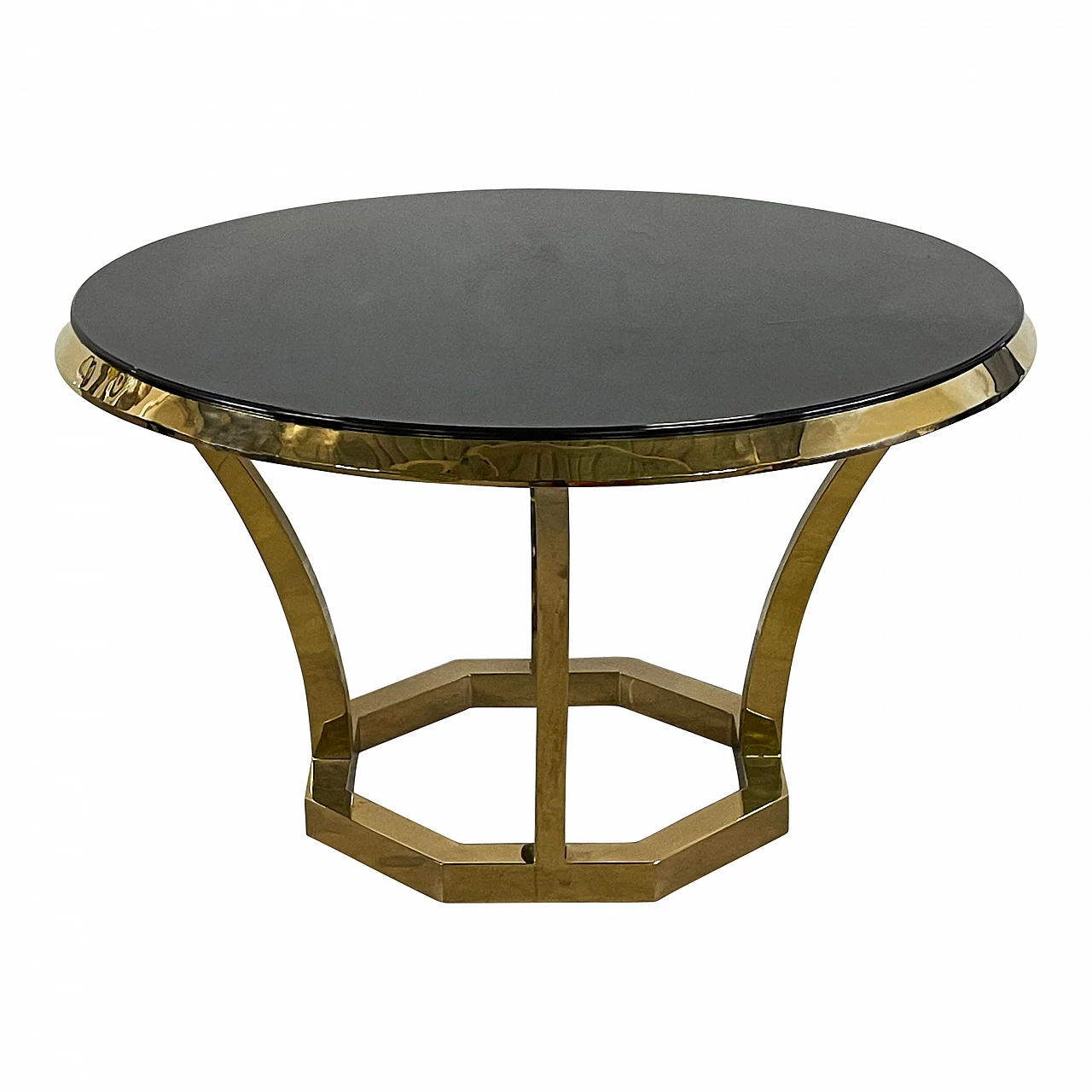 Circular table in gold chrome-plated steel with black glass top in Art Deco style, 1990s 1