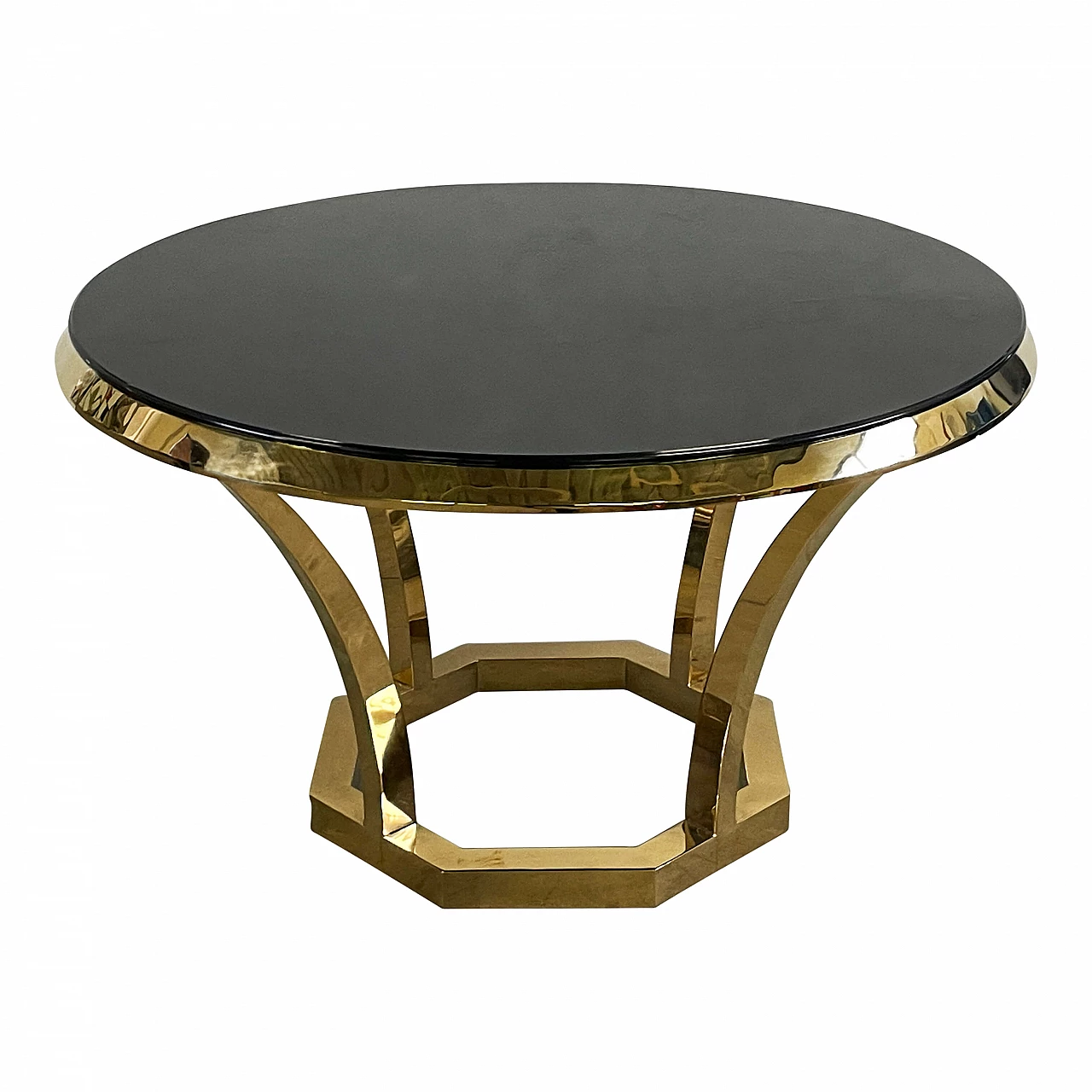 Tavolo circolare in acciaio cromato oro con piano in vetro nero in stile Art Dèco, anni '90 2