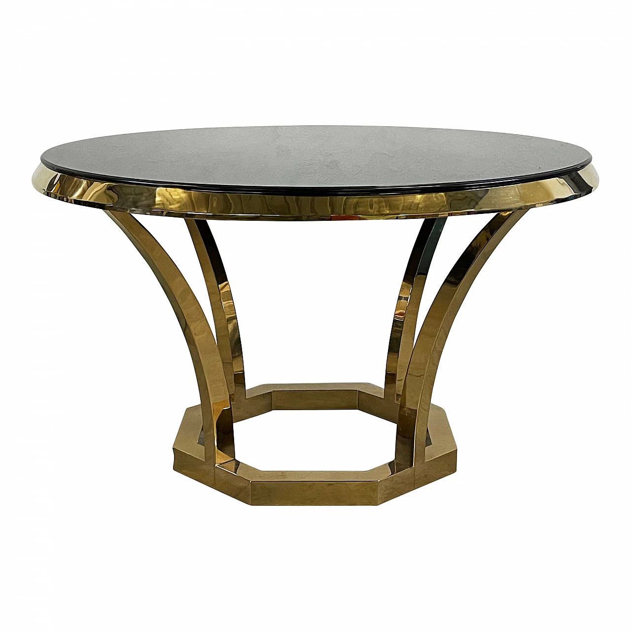 Circular table in gold chrome-plated steel with black glass top in Art Deco style, 1990s 3