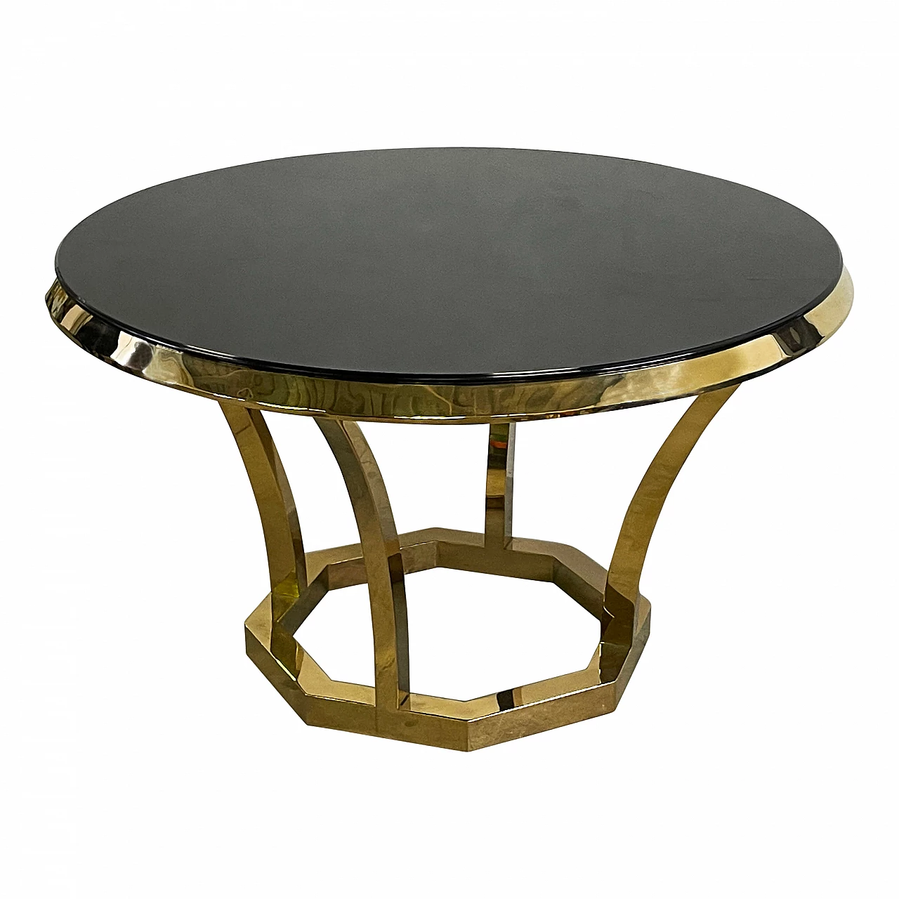 Tavolo circolare in acciaio cromato oro con piano in vetro nero in stile Art Dèco, anni '90 4