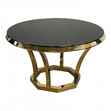 Circular table in gold chrome-plated steel with black glass top in Art Deco style, 1990s