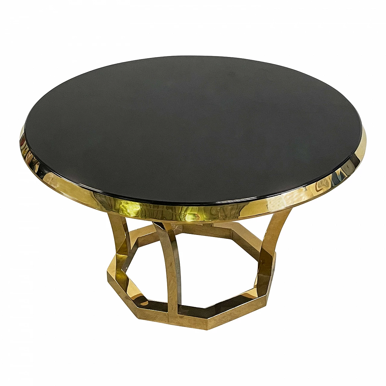 Tavolo circolare in acciaio cromato oro con piano in vetro nero in stile Art Dèco, anni '90 5
