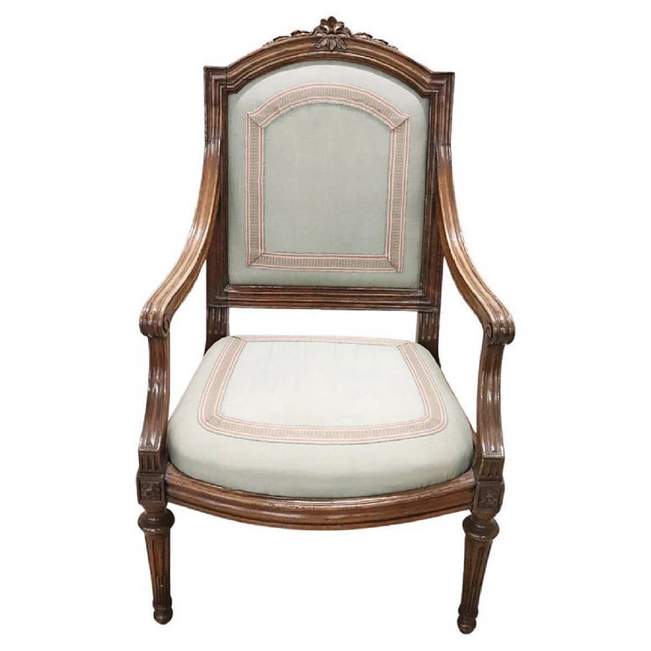 Poltrona Luigi XVI  in noce massello con seduta e schienale imbottiti, '700 1