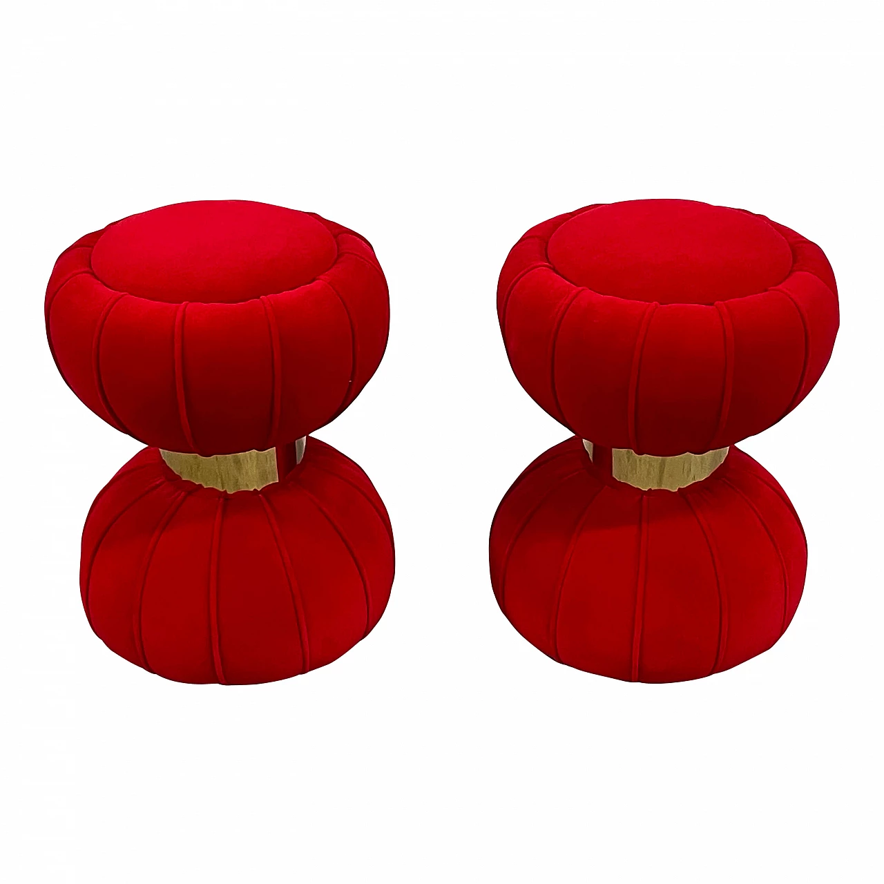Pair of round red velvet hourglass poufs, 1990s 1