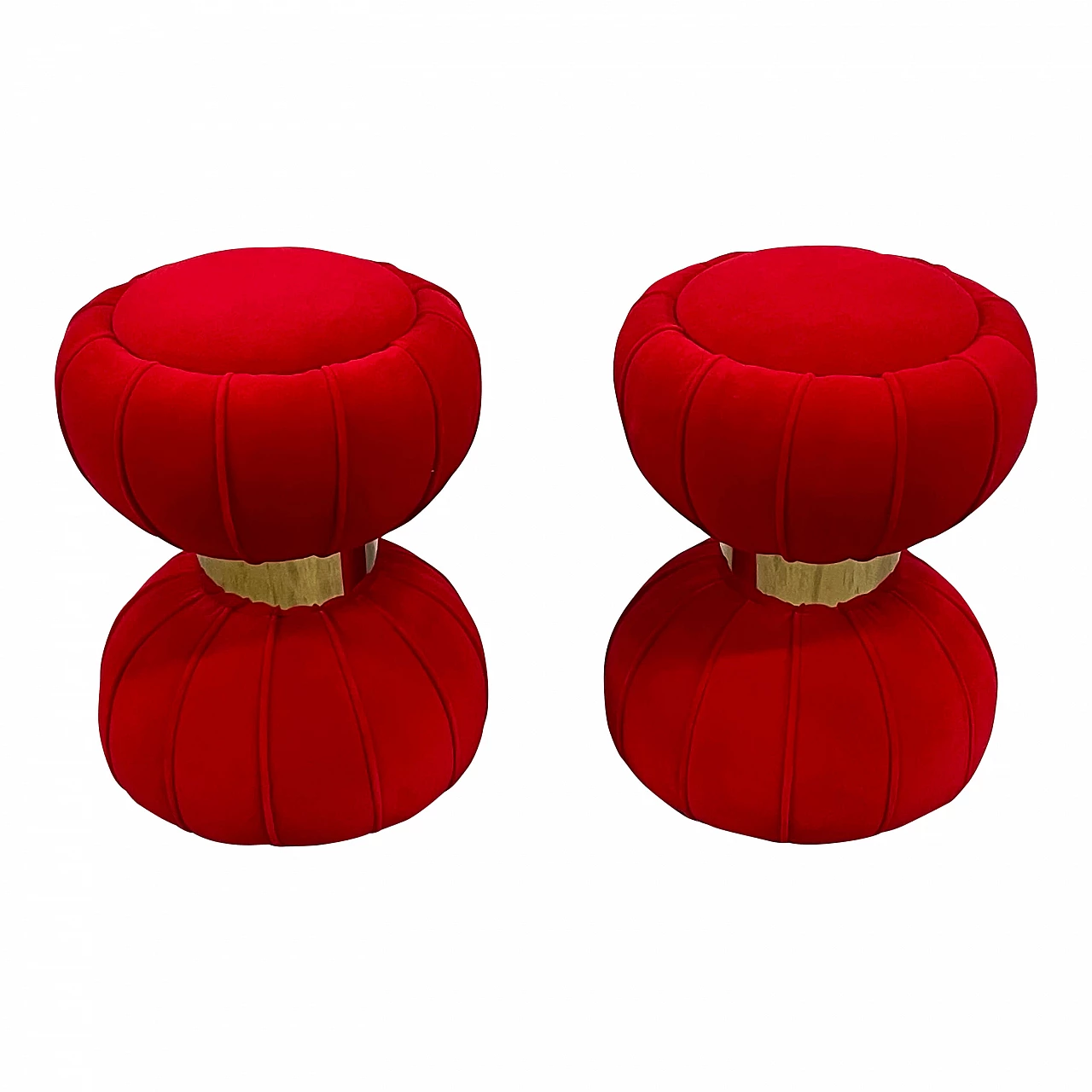 Coppia di pouf tondi a clessidra in velluto rosso, anni '90 1