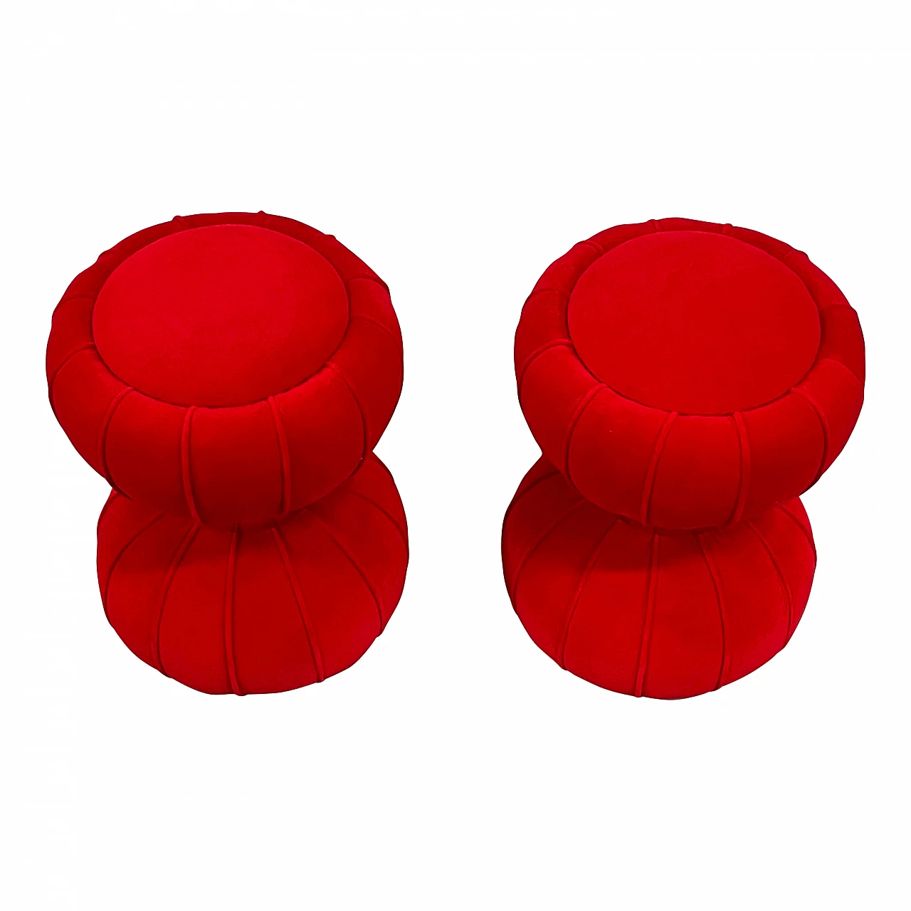 Pair of round red velvet hourglass poufs, 1990s 2
