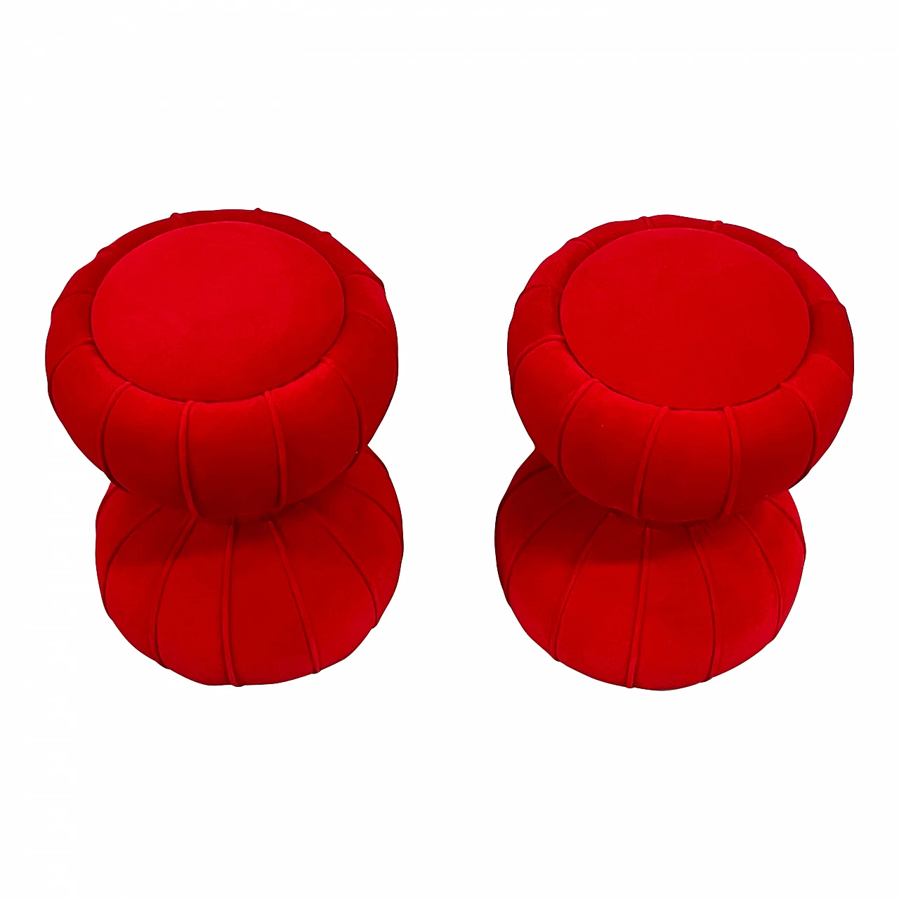 Coppia di pouf tondi a clessidra in velluto rosso, anni '90 2