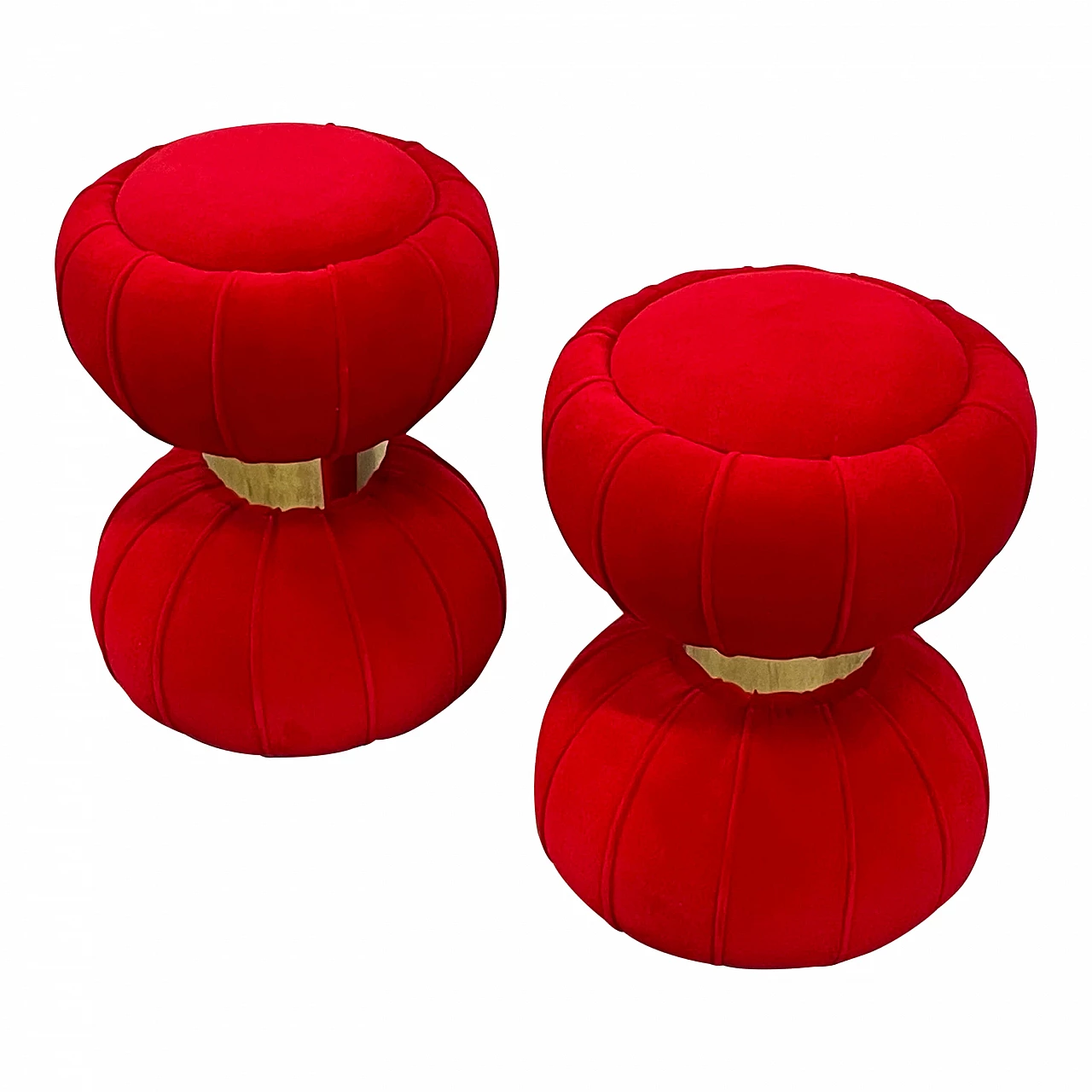 Coppia di pouf tondi a clessidra in velluto rosso, anni '90 3