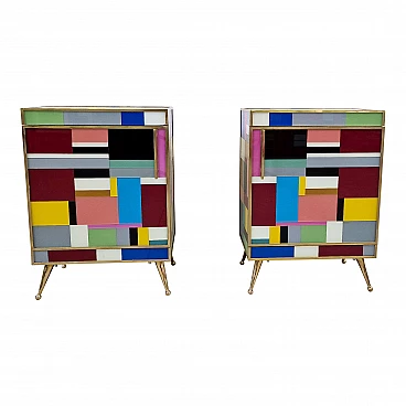 Coppia di comodini in legno e vetro multicolore, anni '90