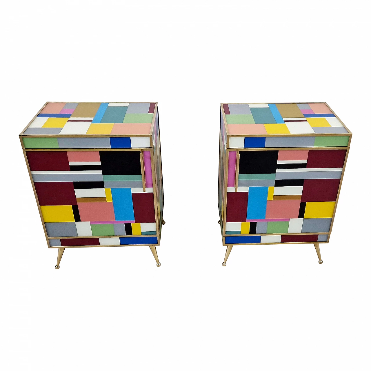 Pair of bedside tables in wood and multicoloured glass, 1990s 2