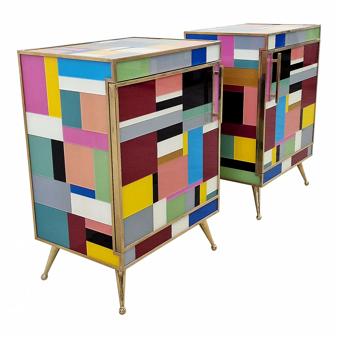 Pair of bedside tables in wood and multicoloured glass, 1990s 3