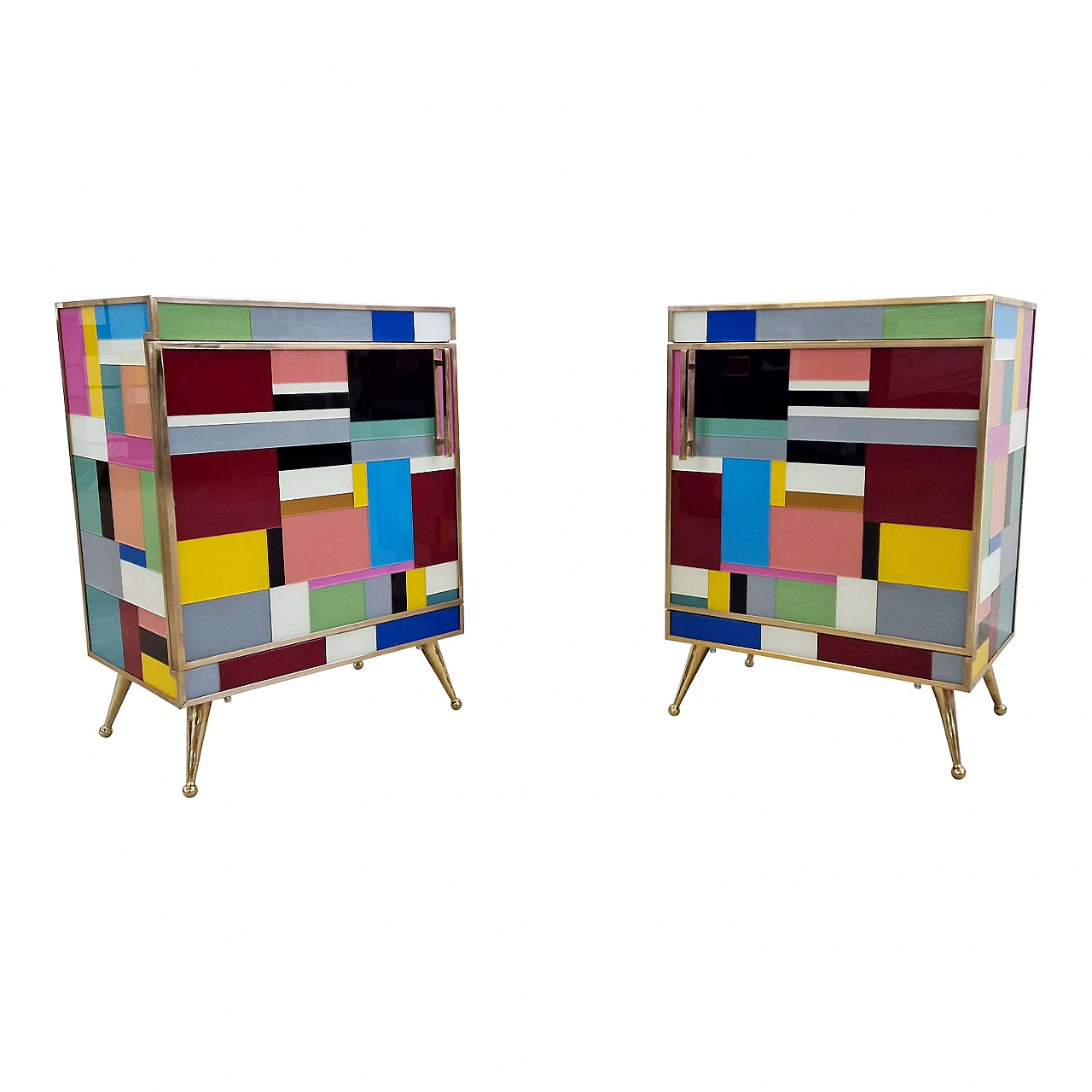 Pair of bedside tables in wood and multicoloured glass, 1990s 4