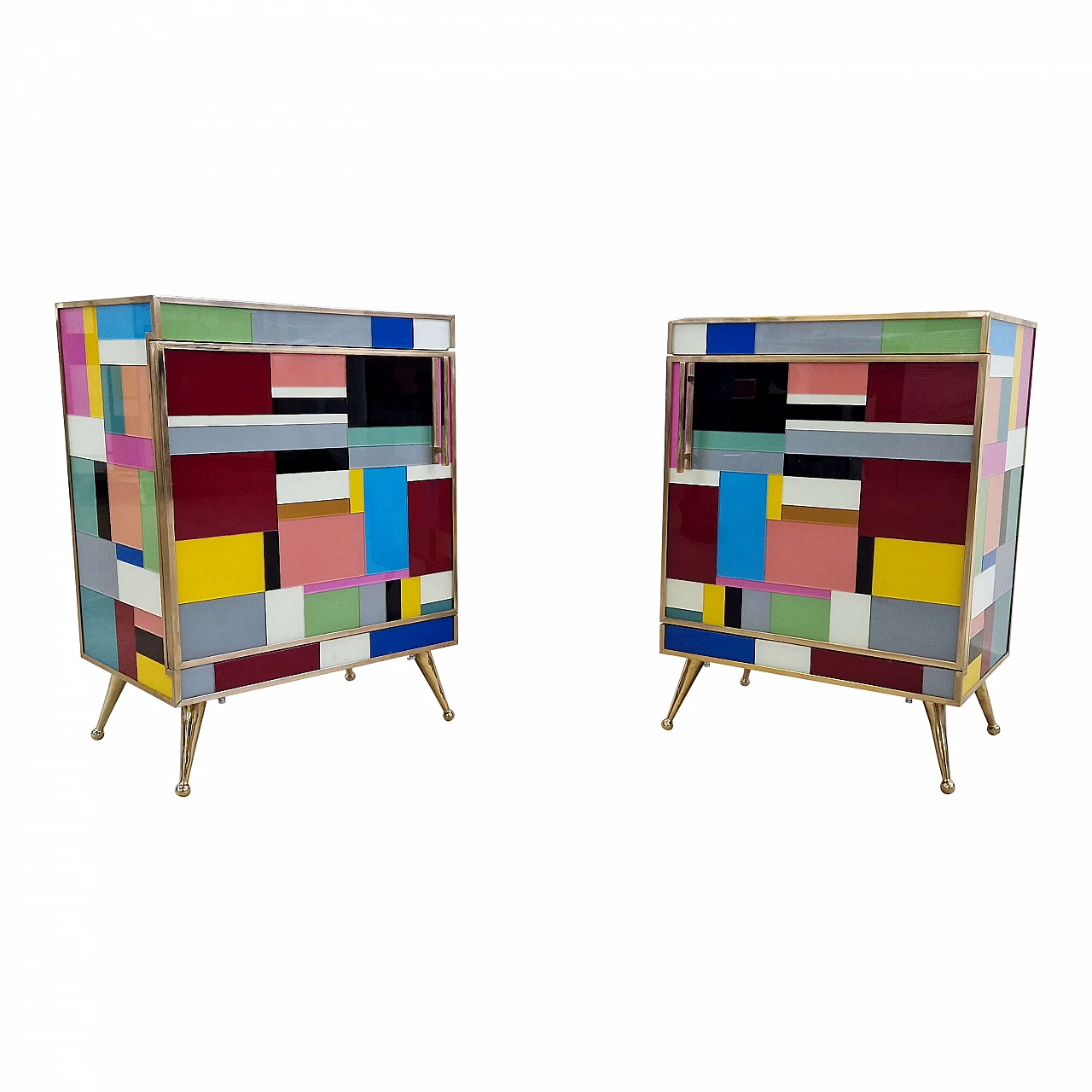 Pair of bedside tables in wood and multicoloured glass, 1990s 5