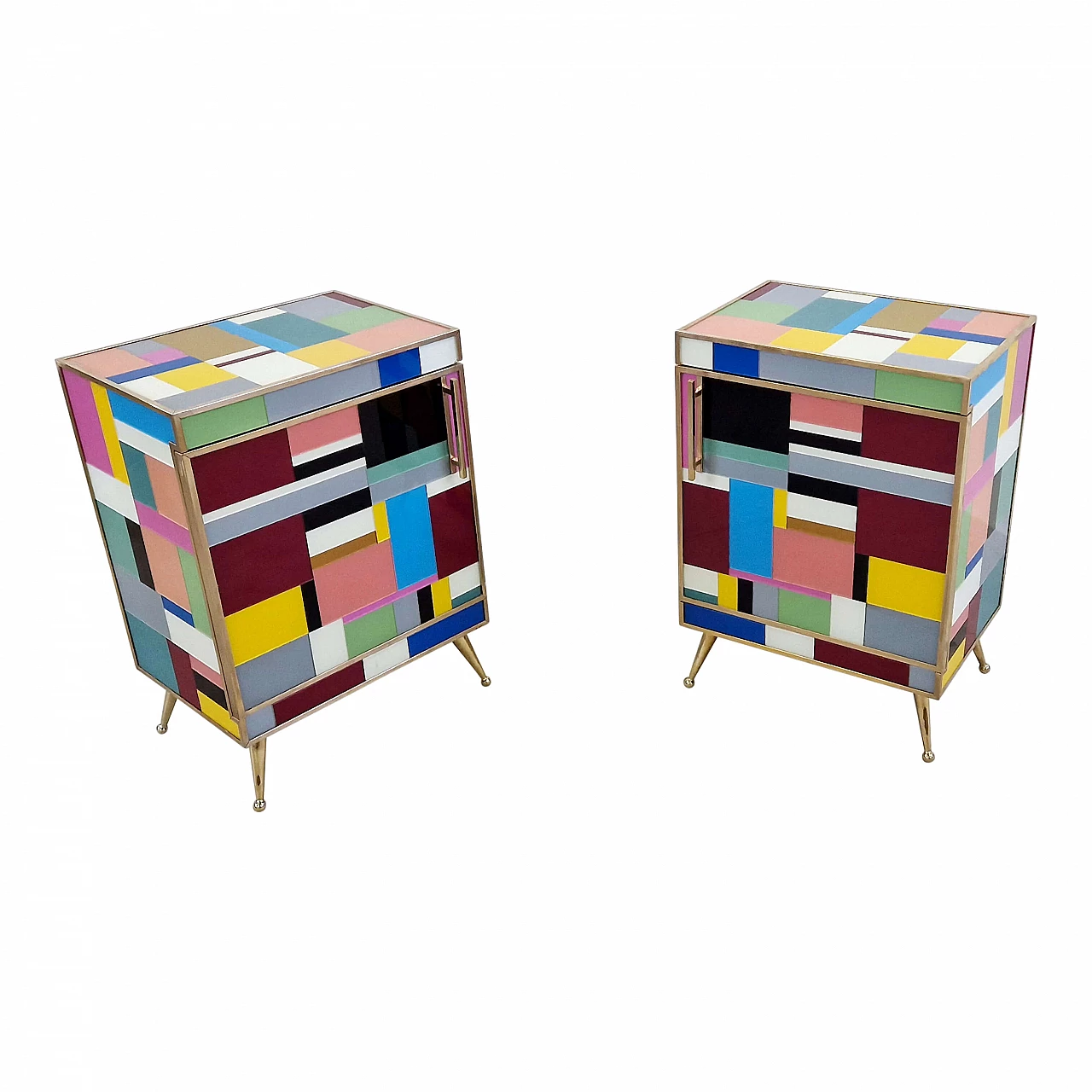 Pair of bedside tables in wood and multicoloured glass, 1990s 6
