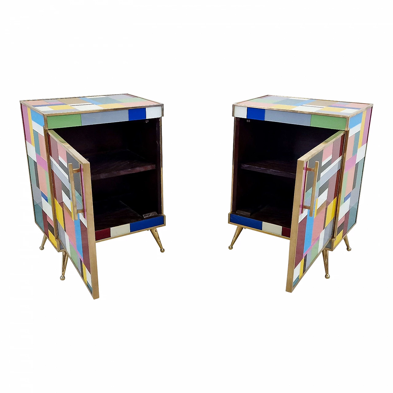 Pair of bedside tables in wood and multicoloured glass, 1990s 7