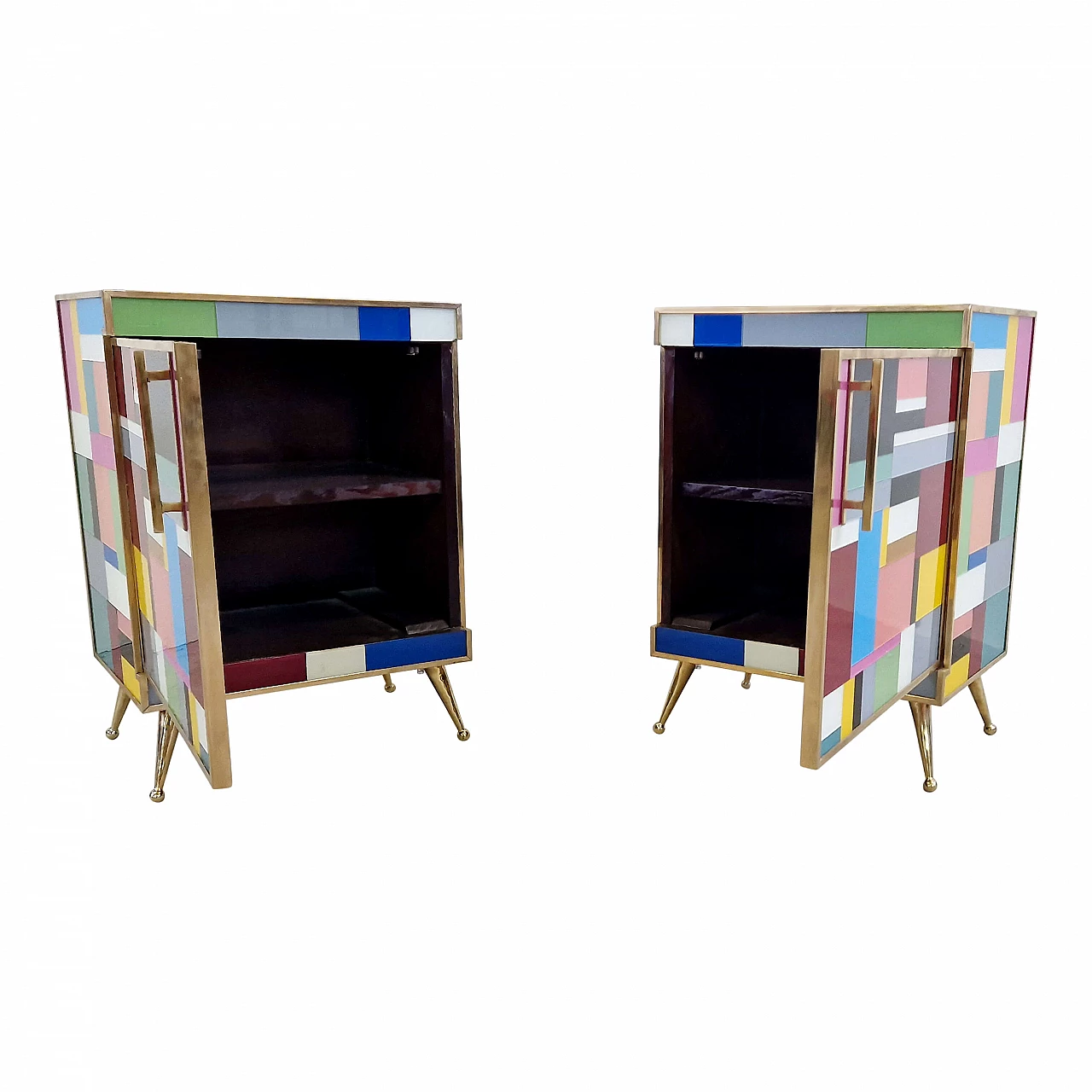 Pair of bedside tables in wood and multicoloured glass, 1990s 8