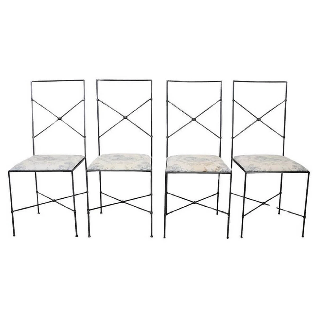 4 Black lacquered iron chairs with upholstered seat, 1980s 1