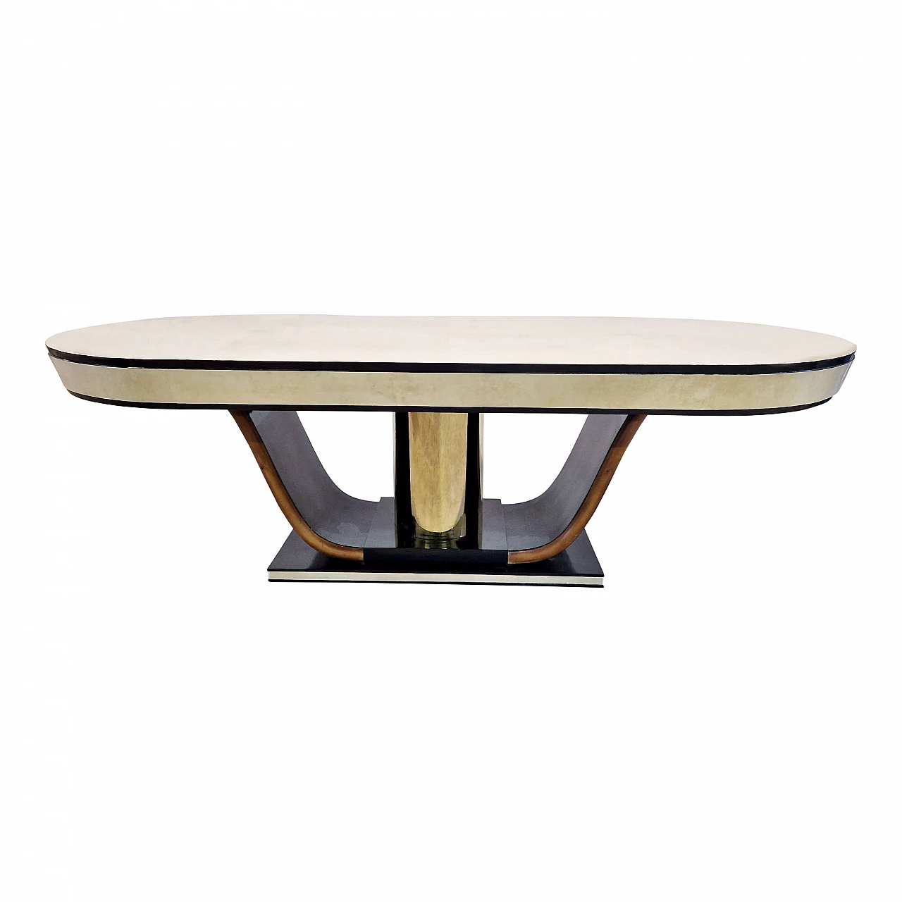 Oval table in black lacquered wood with natural parchment top, 1990s 2