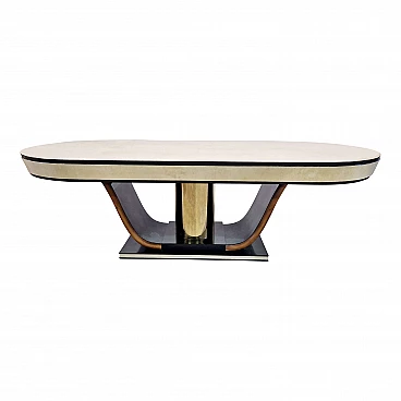 Oval table in black lacquered wood with natural parchment top, 1990s