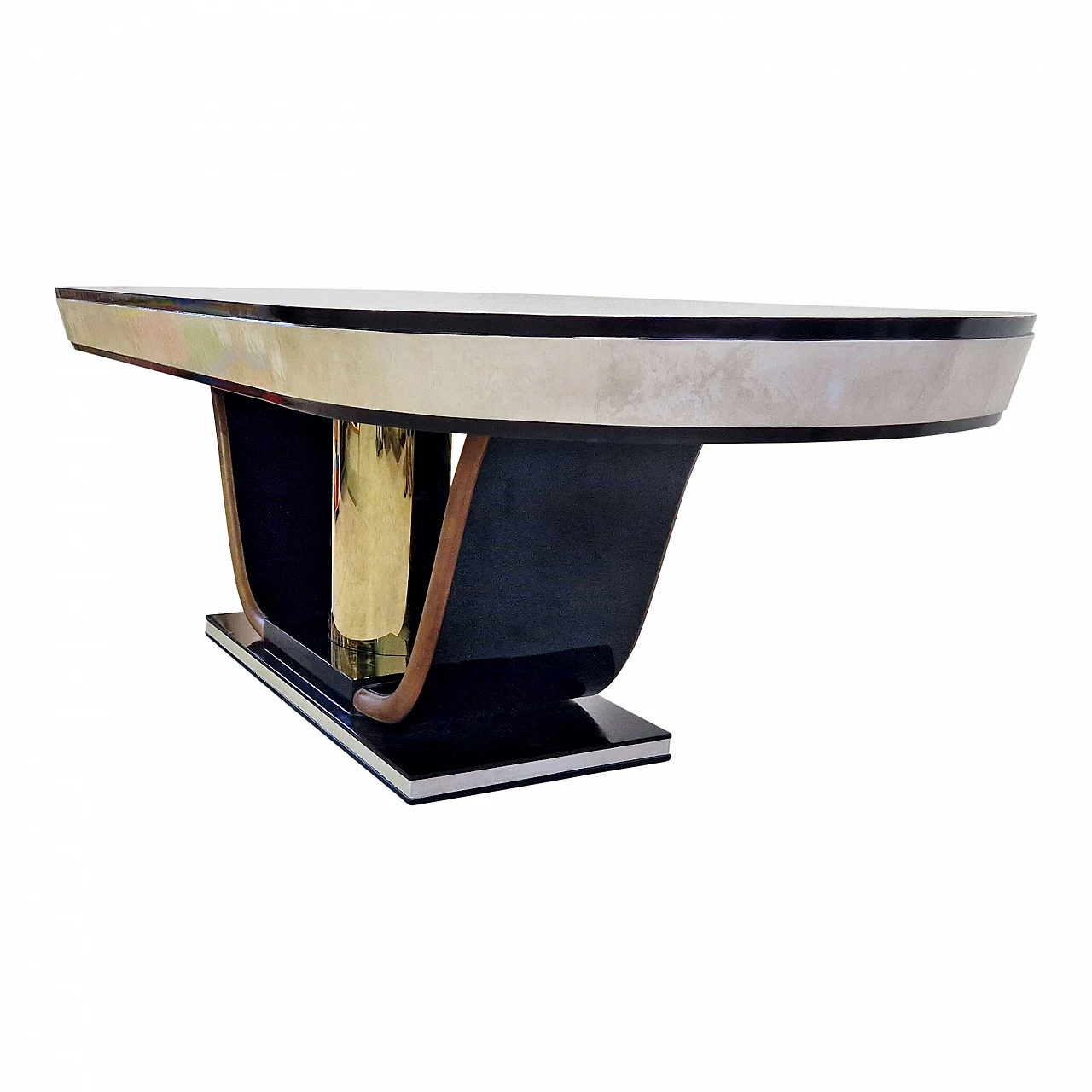 Oval table in black lacquered wood with natural parchment top, 1990s 3