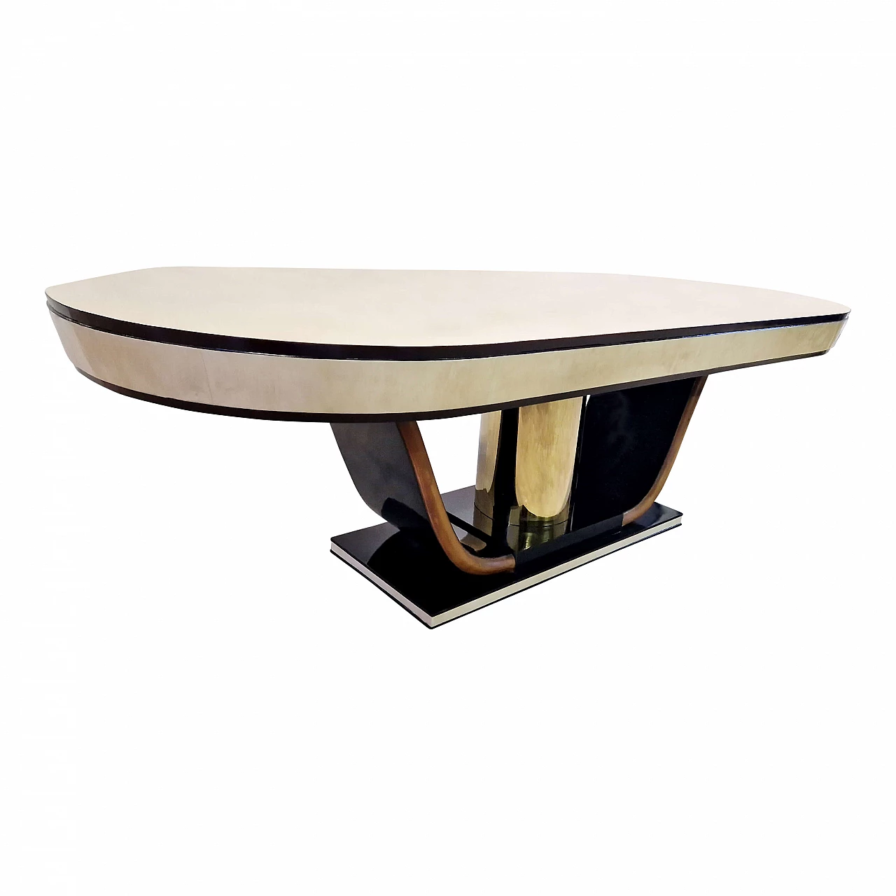 Oval table in black lacquered wood with natural parchment top, 1990s 4