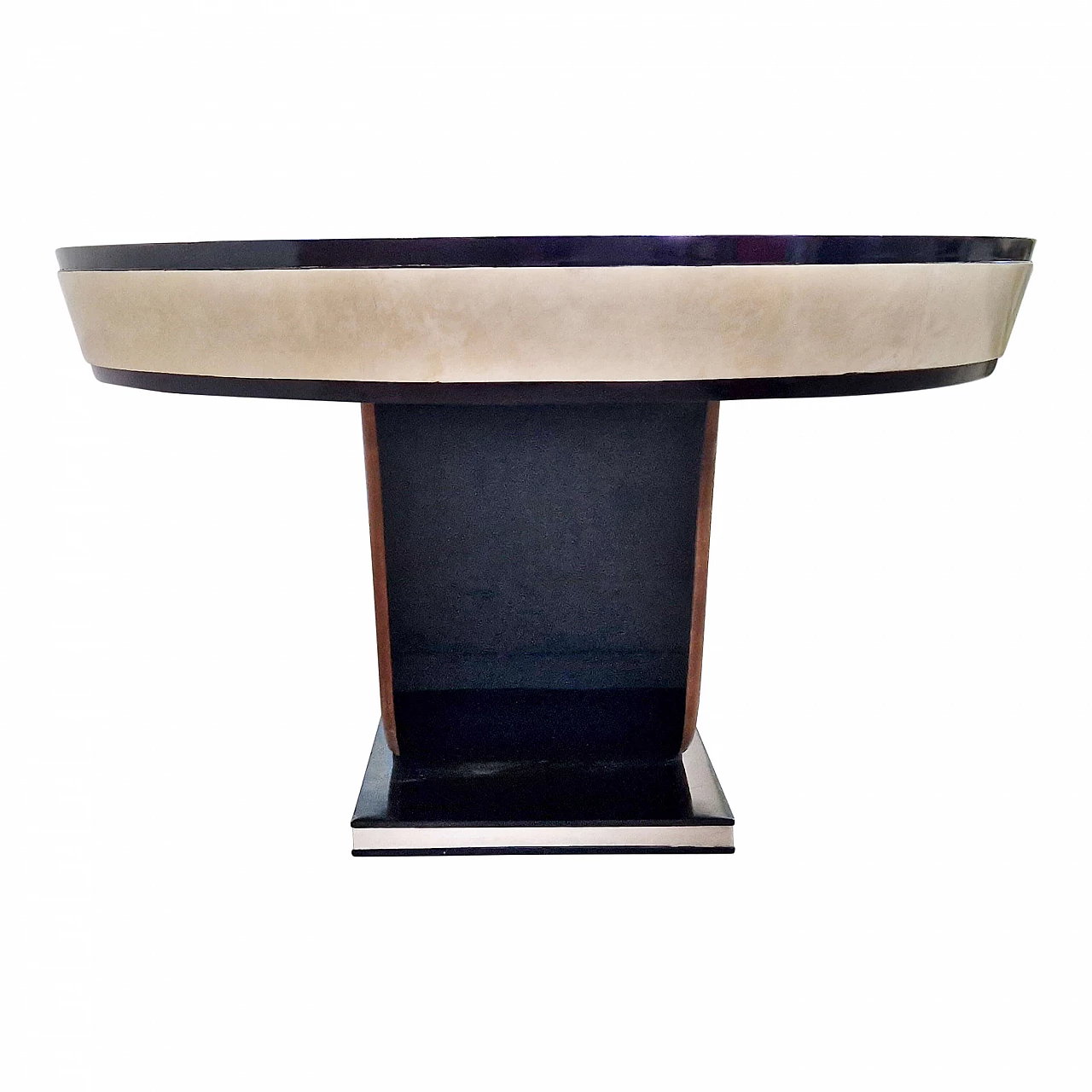Oval table in black lacquered wood with natural parchment top, 1990s 5