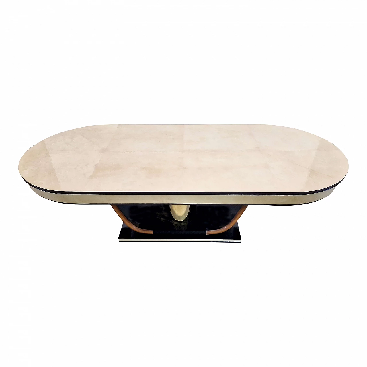 Oval table in black lacquered wood with natural parchment top, 1990s 6