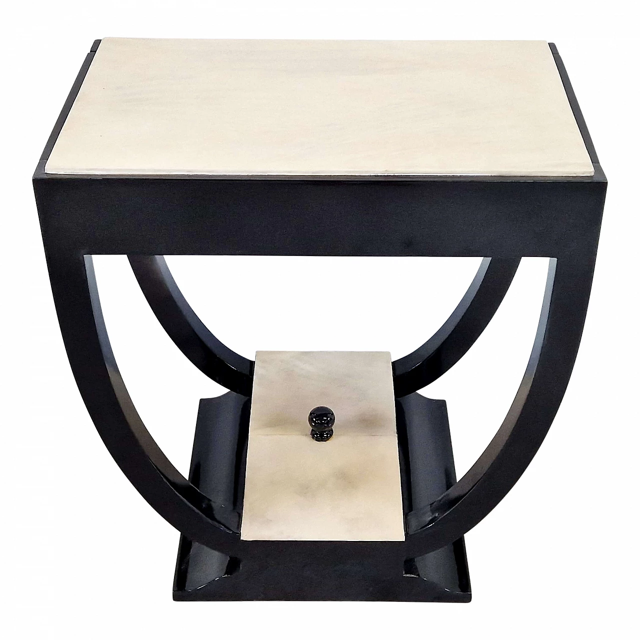 Double-sided coffee table in black lacquered wood with natural parchment top and base, 1990s 2