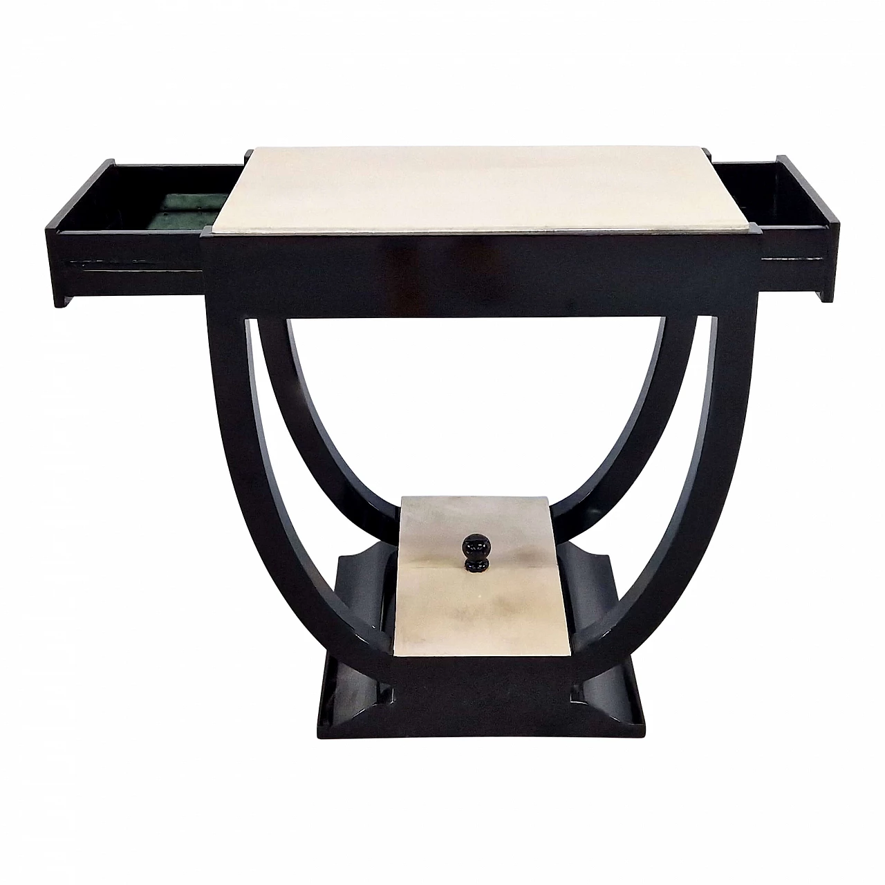 Double-sided coffee table in black lacquered wood with natural parchment top and base, 1990s 6