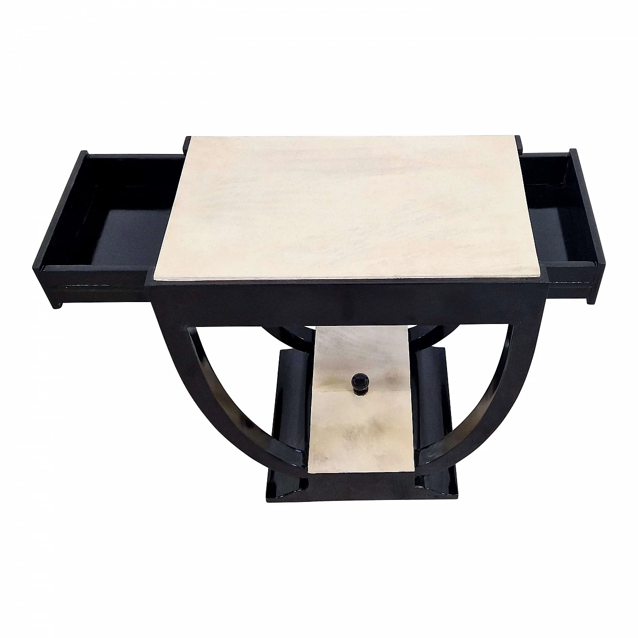 Tavolino bifacciale in legno laccato nero con piano e base in pergamena naturale, anni '90 7