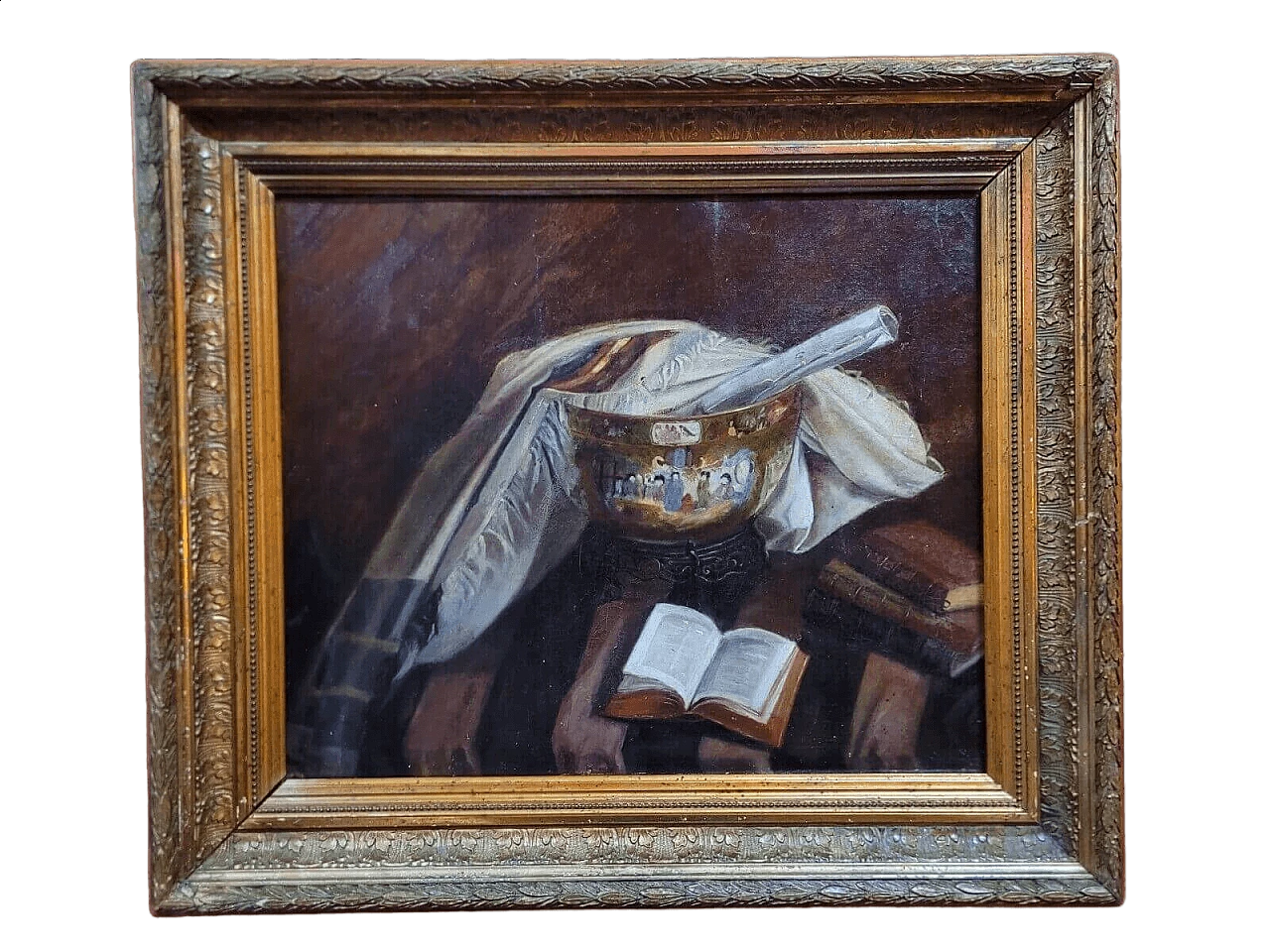 Natura morta con vaso cinese e libri, olio su tela, fine '800 13